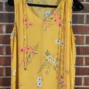 Yellow floral sleeveless blouse with‎ tie front detail